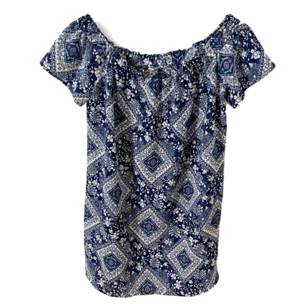Lemondrop Off Shoulder Neckline Boho Print Print Short Sleeve Mini Shift Dress